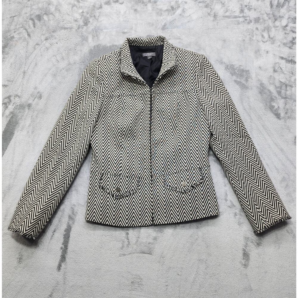 Classiques Entier Jacket Womens 8 Black White Wool Tweed Fringe Zip Front Preppy